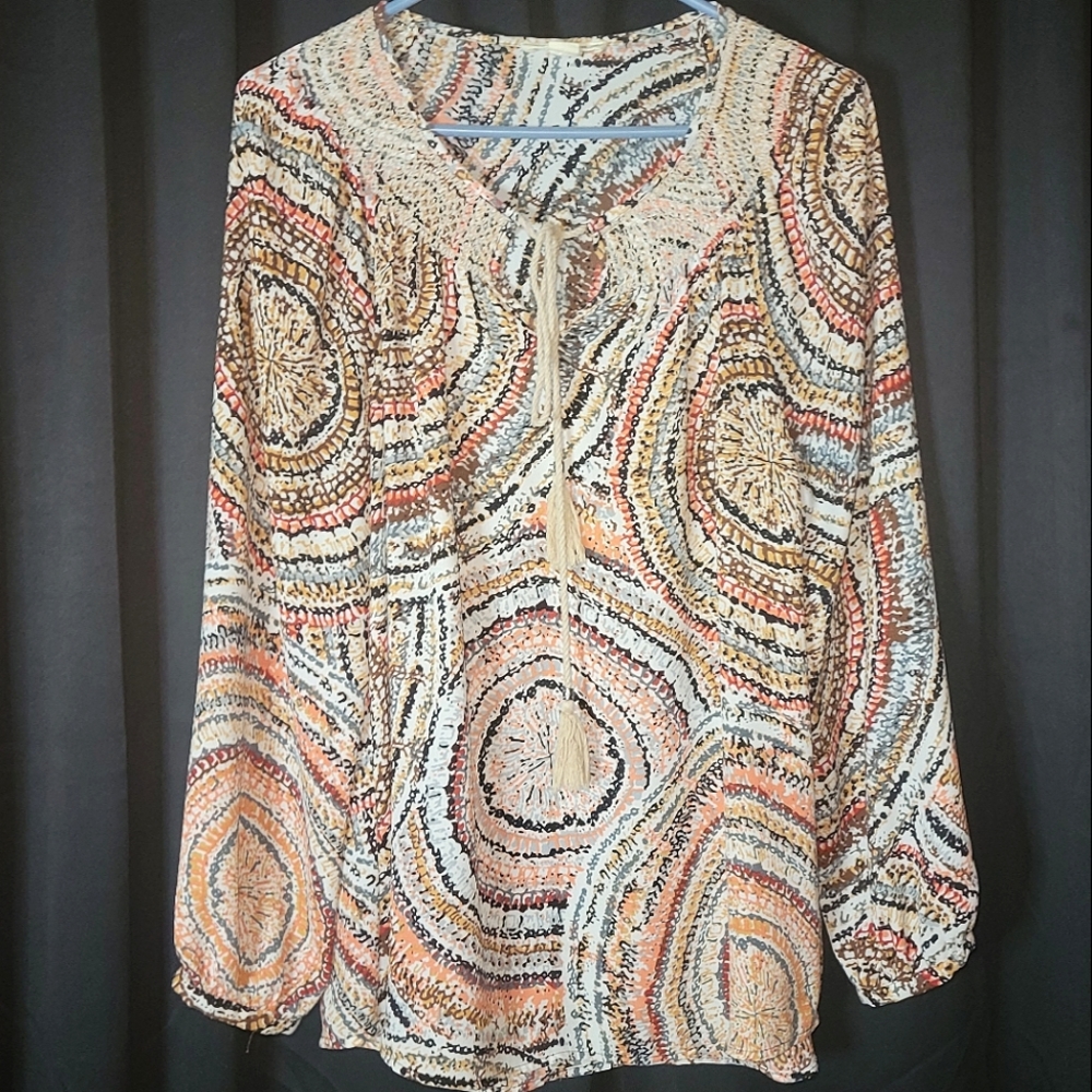 RuffHewn Front Tie Blouse Medium Abstract Neutral Print Long Flowy Sleeve